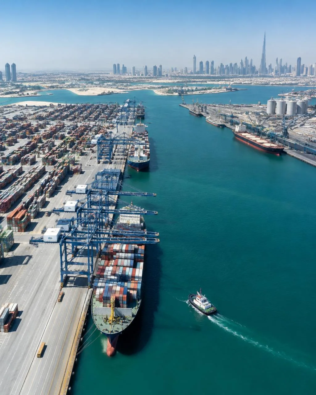 Aerial view of a commercial port terminal in Dubai