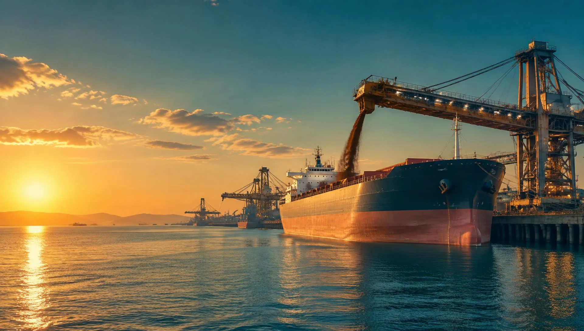 Bulk cargo vessel being loaded at a commercial port